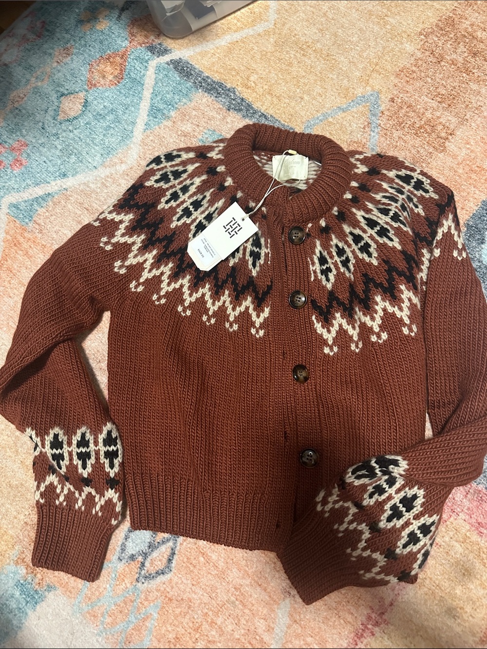 Doen Rust Brown Fair Isle Wool Cardigan with Cream and Black Accents